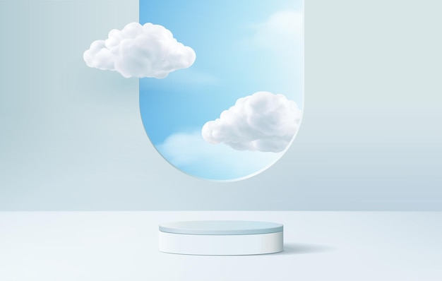 Background vector 3d blue rendering with podium and minimal cloud scene, minimal product display background 3d rendered geometric shape sky cloud blue pastel. Stage 3d render product in platform