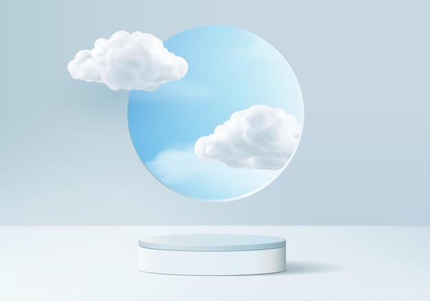 Background vector 3d blue rendering with podium and minimal cloud scene, minimal product display background 3d rendered geometric shape sky cloud blue pastel. Stage 3d render product in platform