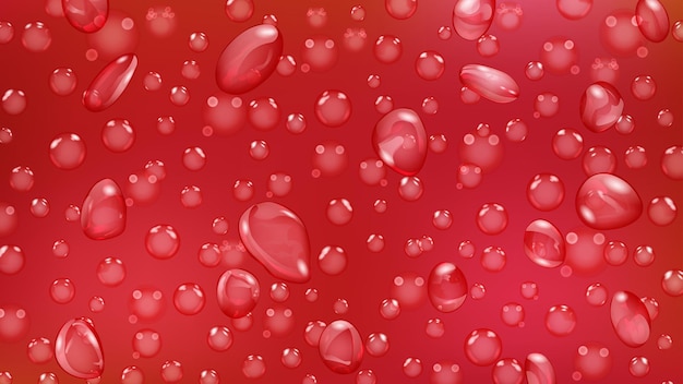 Vector background of water drops and bubbles of different shapes in red colors