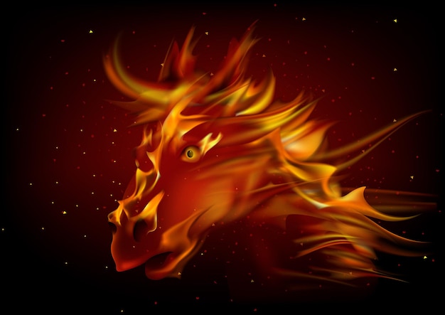 Background with Abstract Horse Head Created from Flames on Dark Red with Burning Particles in Air