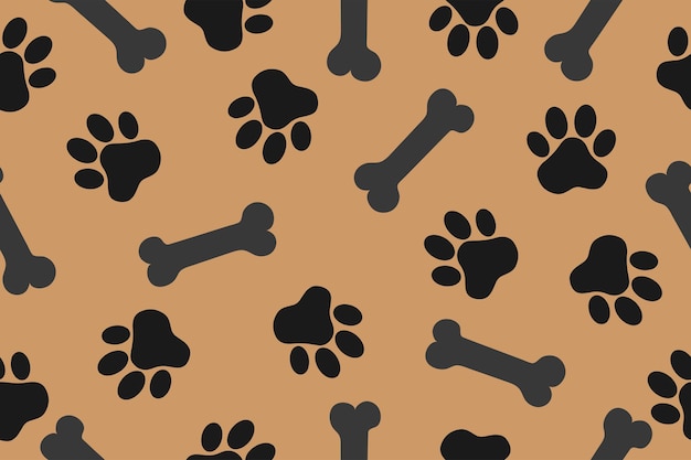 Background with animal paw prints and a bone Vector illustration in a flat style