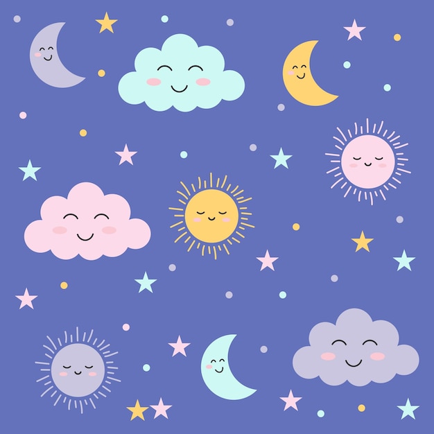 Background with beautiful smiling colorful clouds and starsVector illustration