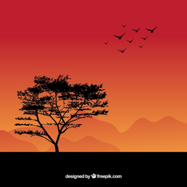 Background with birds and tree silhouette