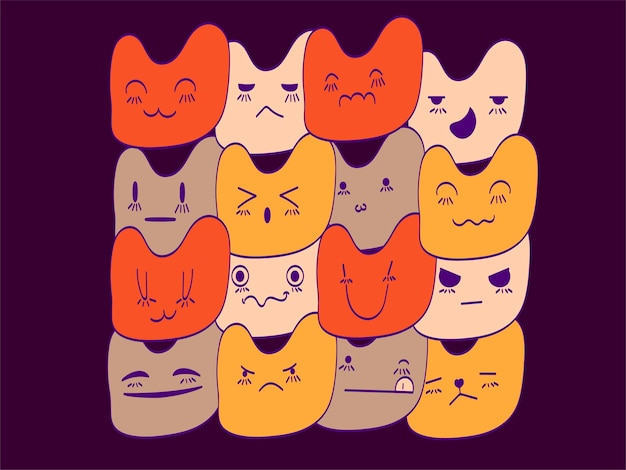 Background with cats in Halloween colors. Different emotions of cats.