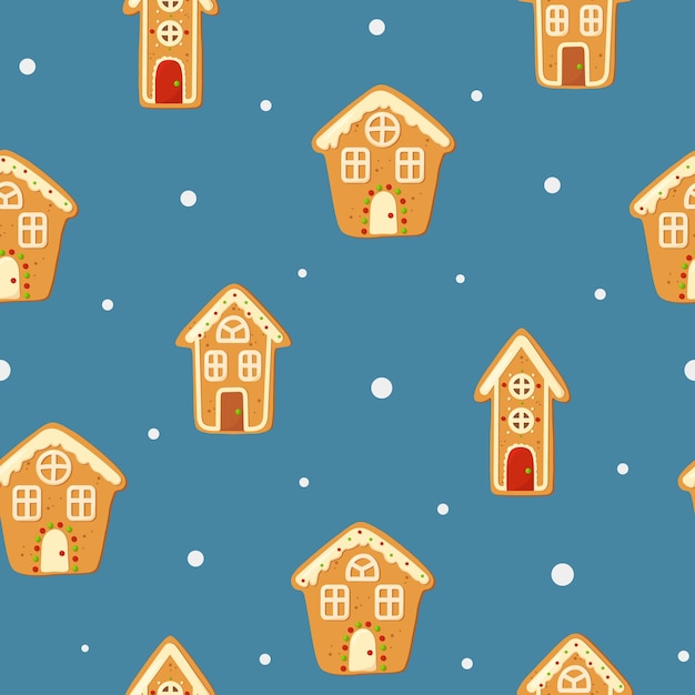 Background with Christmas gingerbread house on blue background Seamless christmas pattern