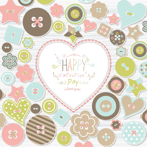 Background with colorful buttons of different shapes and text Happy Valentine's Day