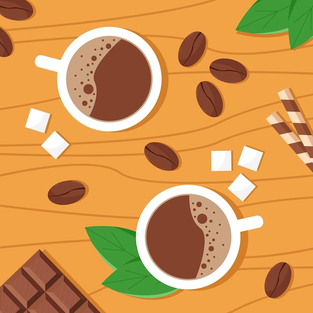 Background with cups of coffee and sweets Flat style