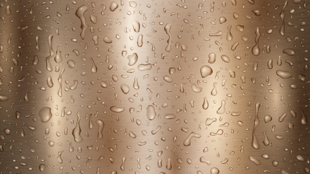 Background with drops and streaks of water in bronze colors flowing down the metal surface