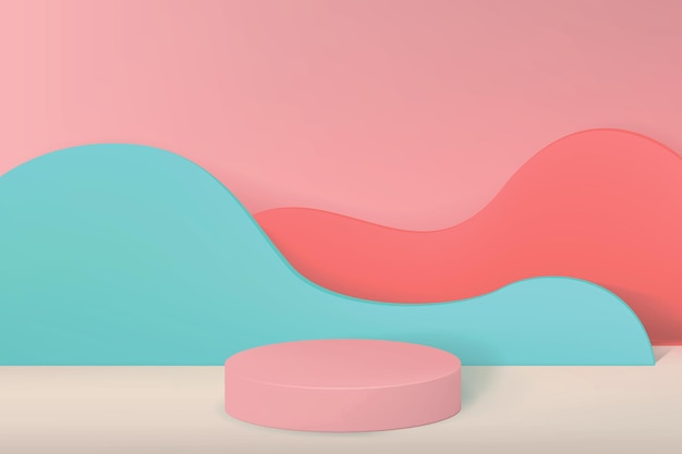 Background with an empty pedestal for product demonstration in a minimalist style with walls in the form of waves in pastel colors.