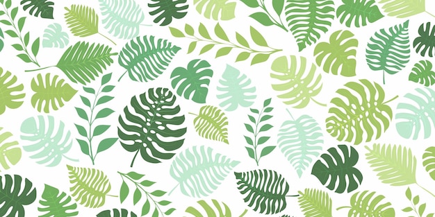 Background with exotic jungle plants. Tropical palm leaves. Rainforest illustration in green colors.