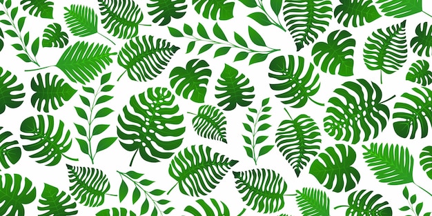 Background with exotic jungle plants. Tropical palm leaves. Rainforest illustration in green colors.