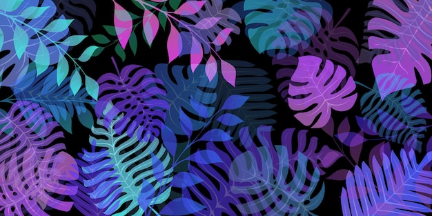 Background with exotic jungle plants. Tropical palm leaves. Rainforest illustration, multicolored on black.