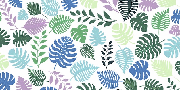 Background with exotic jungle plants. Tropical palm leaves. Rainforest illustration, multicolored on white.