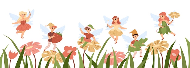 Background with fairy pixies flying over flowers flat vector illustration