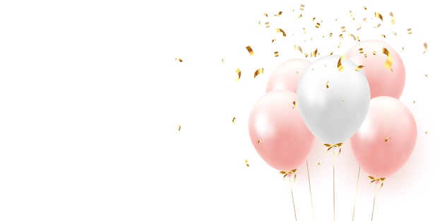 Background with festive realistic balloons with ribbon.