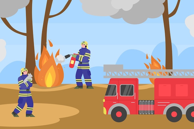 Background with firefighters trying to put out fires in the forest, flat cartoon . Wildfire disaster banner with rescue team of fire department.