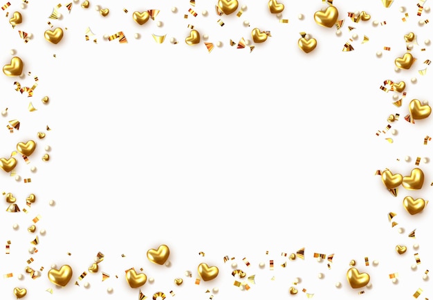 Background with gold hearts and round beads strewn with golden confetti. Vector illustration