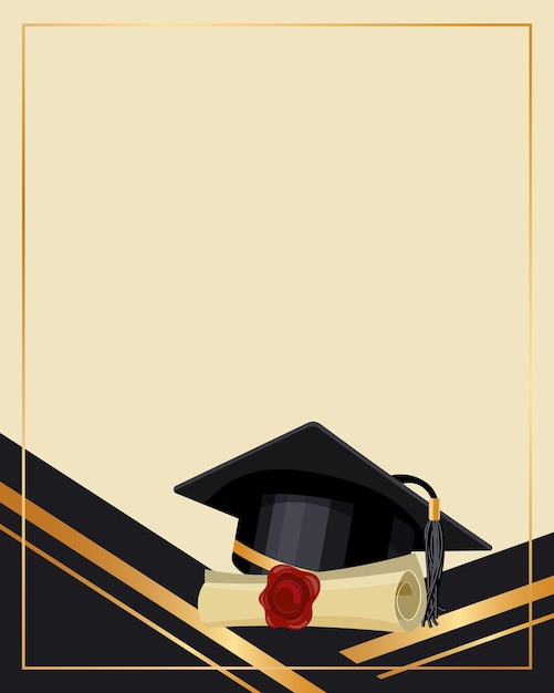 Background with graduation cap and papyrus certificate Golden black design for graduation diploma