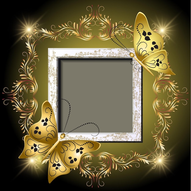 Background with grungy photo frame butterflies and golden ornament for inserting text and photo