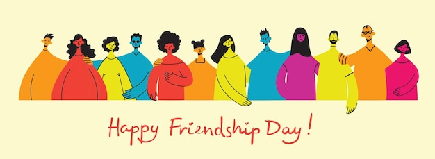 Background with happy diverse hugging people Concept of friendship day unity Celebration or congratulation of multiracial friends