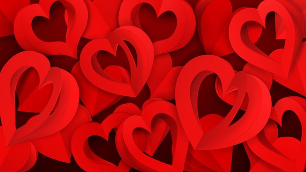 Background with many paper volume hearts with holes in red colors