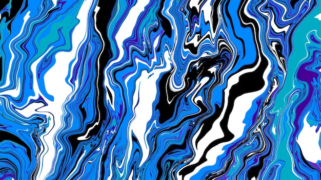 Background with marble texture. Blue, black and white liquid paint that flows. Abstract wavy stains