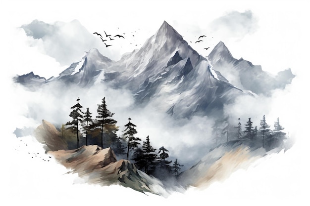 Background with mountains Ink mountain landscape Mountains in the fog Trees on the mountain Ink