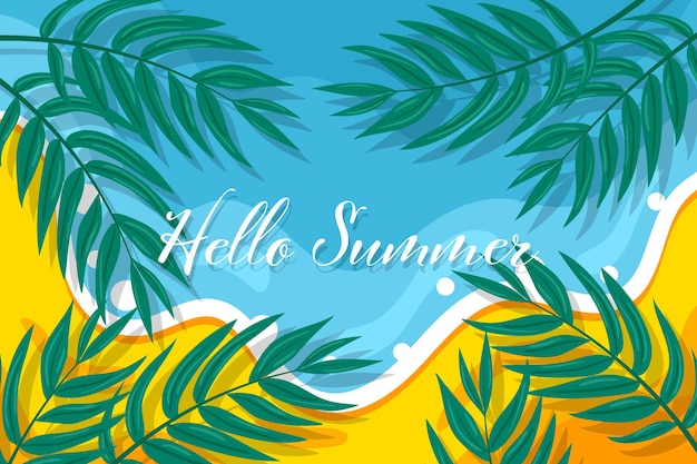 Background with phrase hello summer with beach and small palm leaves