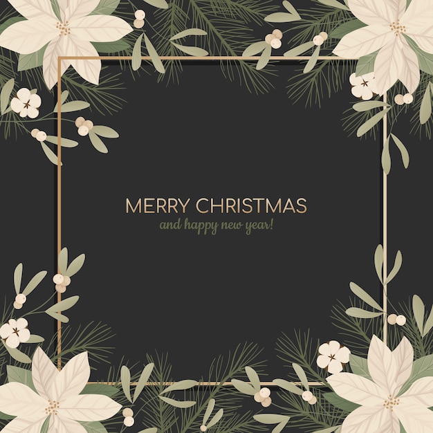 Background with realistic christmas tree branches, fir-cones, mistletoe and holly, ilex.