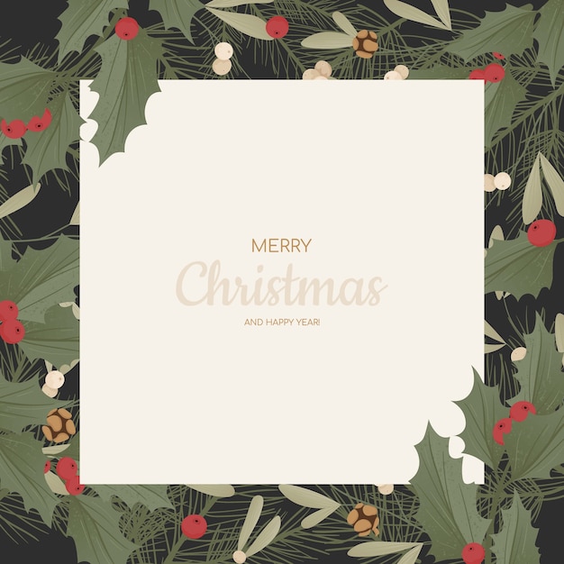 Background with realistic christmas tree branches, fir-cones, mistletoe and holly, ilex.