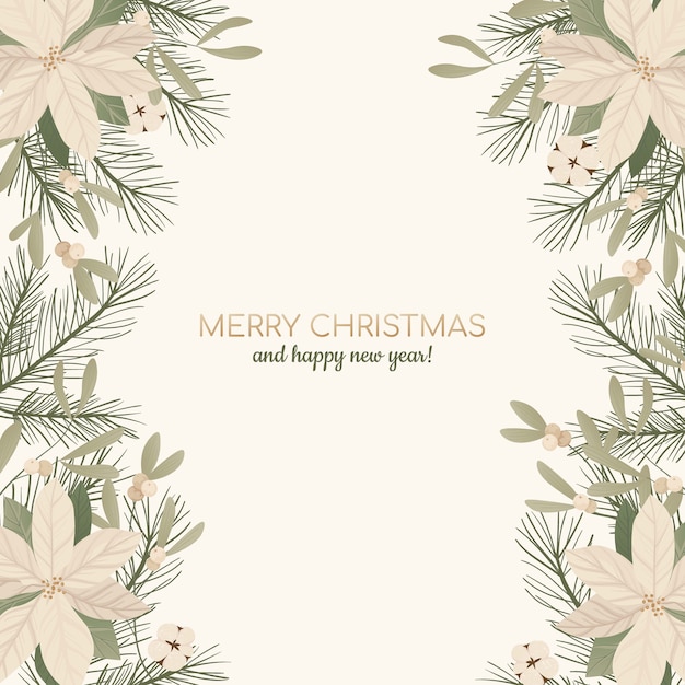 Background with realistic christmas tree branches, fir-cones, mistletoe and holly, ilex.