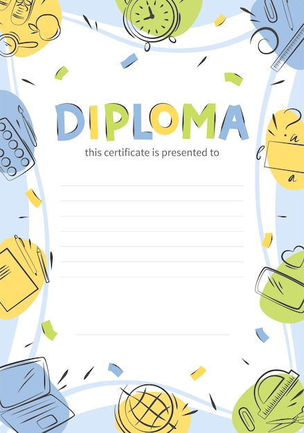 Background with school supplies and objects with place for text. Diploma of school children.