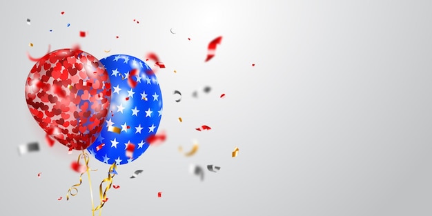 Background with several colored balloons in the colors of the USA flag and pieces of shiny serpentine. Illustration for the Independence Day of the United States of America