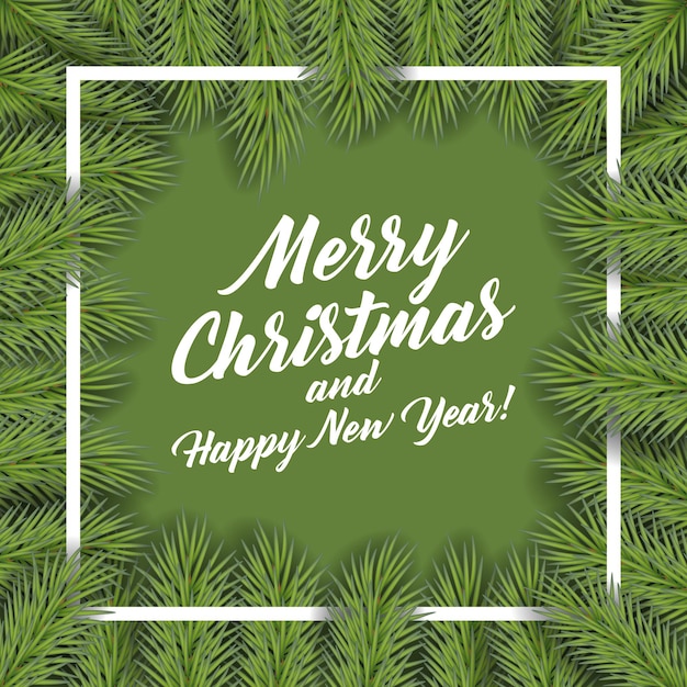 Background with vector christmas tree branches and space for text. Realistic fir-tree border, frame isolated on white. Great for christmas cards, banners, flyers, party posters.