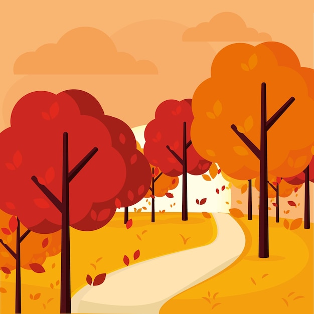 Background yellow trees road autumn lands vector illustration