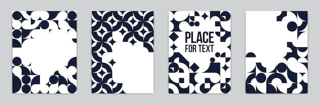 Backgrounds and cover templates vector set, abstract geometric designs, black and white compositions with copy spaces for text, complex modern art layout.