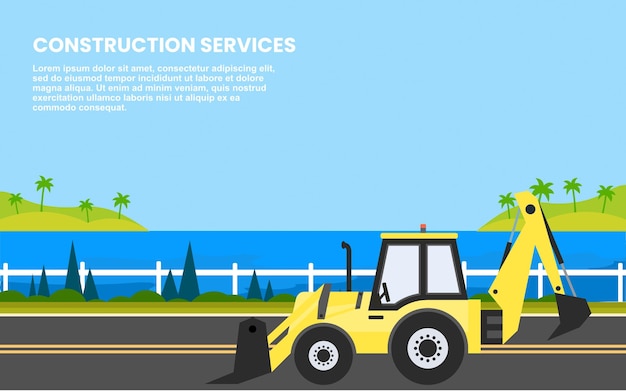 Backhoe loader moving on city highway. Construction transportation tractor. construction service.