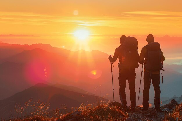 Vector backlit silhouette of hiker with backpack and poles on top of a mountain watching the sunset sport