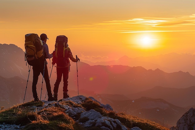 Vector backlit silhouette of hiker with backpack and poles on top of a mountain watching the sunset sport