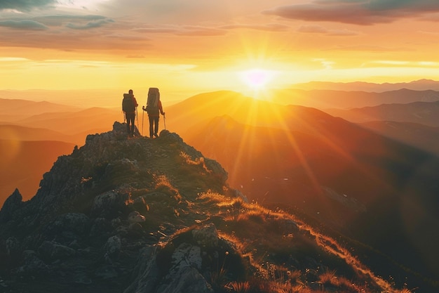 backlit silhouette of hiker with backpack and poles on top of a mountain watching the sunset sport