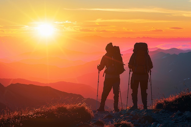 backlit silhouette of hiker with backpack and poles on top of a mountain watching the sunset sport