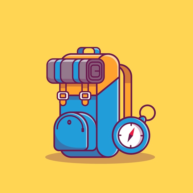 Backpack And Compass Hiking   Icon Illustration. Sport Hiking Icon Concept Isolated    . Flat Cartoon Style