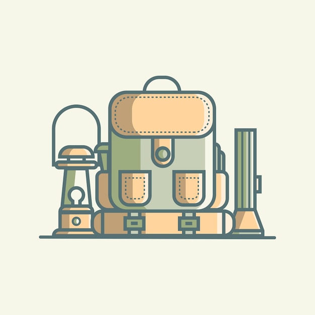 backpack flashlight and kerosene lamp illustration