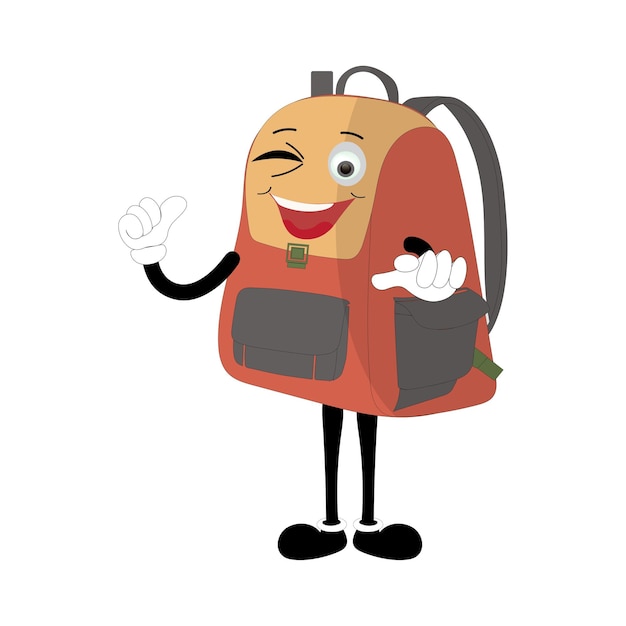 Backpack mascot cartoon Back to school and have fun Character doodle illustration of walking school