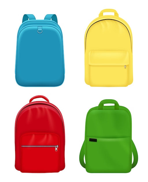 Backpack realistic. School bag personal leather travel luggage mockup objects