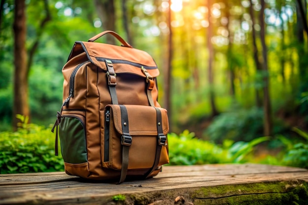 a backpack sits on a wooden table in the forest