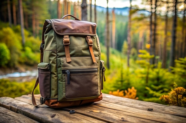 a backpack sits on a wooden table in the forest