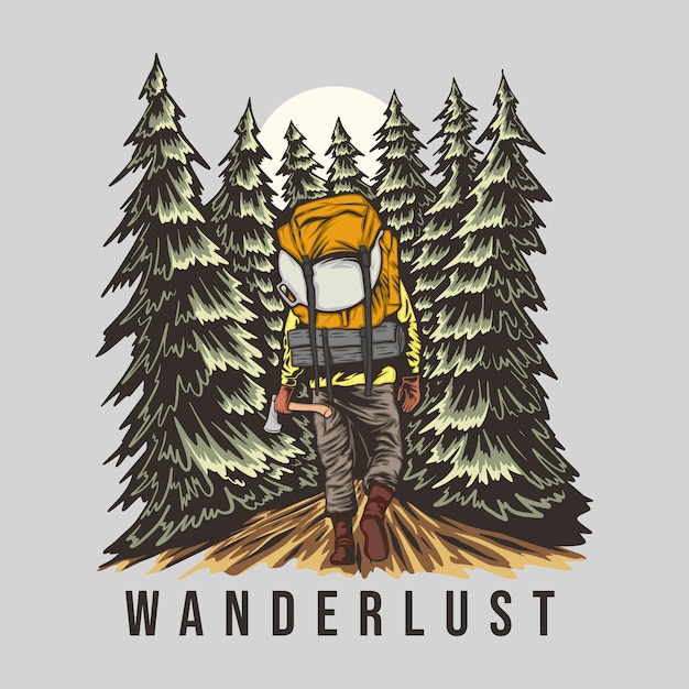 Backpacker wanderlust in forest badge logo