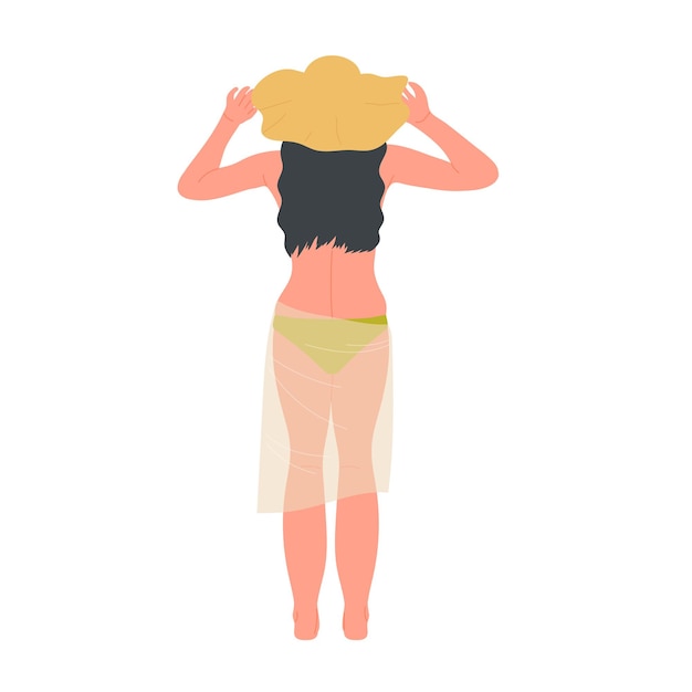 Backside of standing girl in swimsuit and summer hat