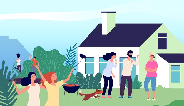 Vector backyard party. young people laughing, jumping on trampoline and making photo. summer bbq with family and dog. man woman holiday, weekend time vector illustration. grill cartoon party together